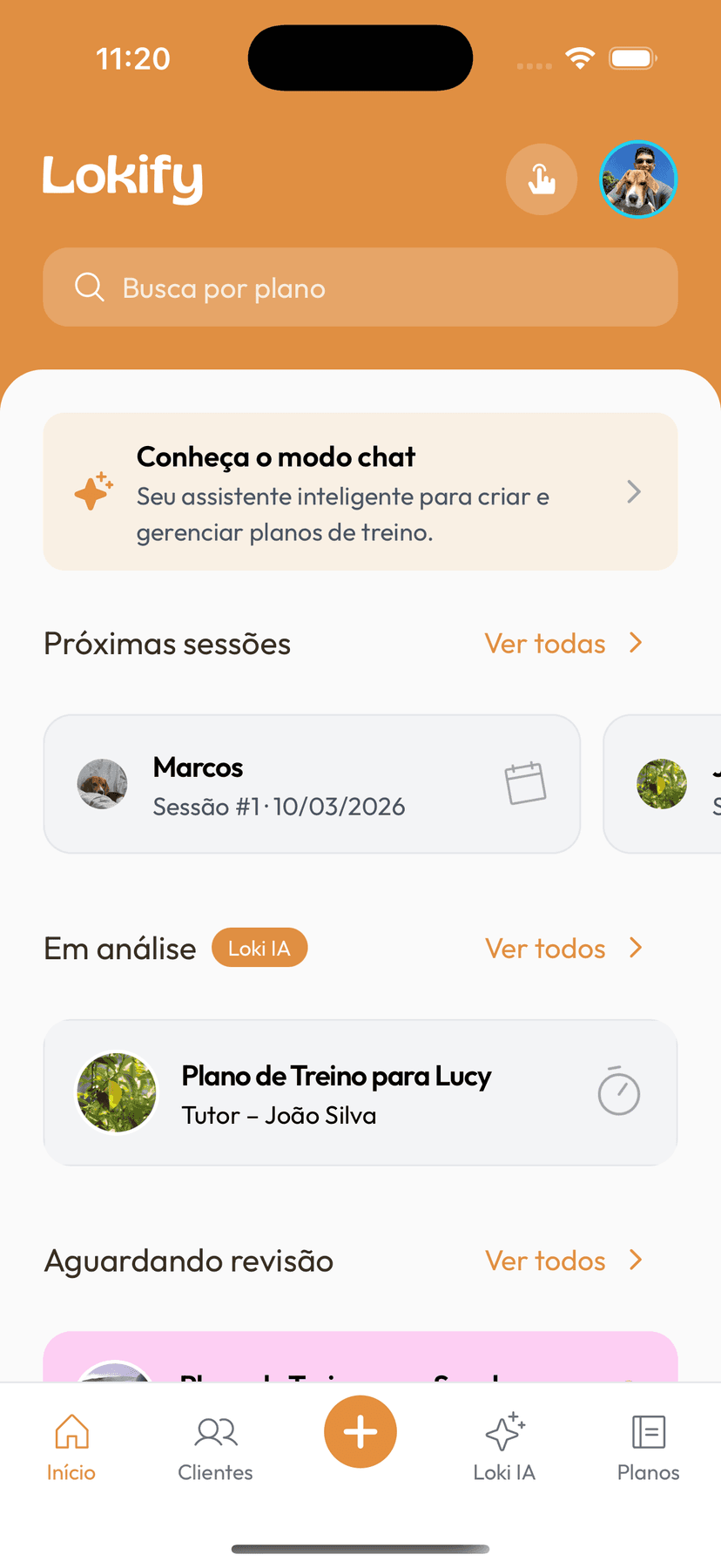 Tela inicial do Lokify, copiloto de IA para adestradores de cães